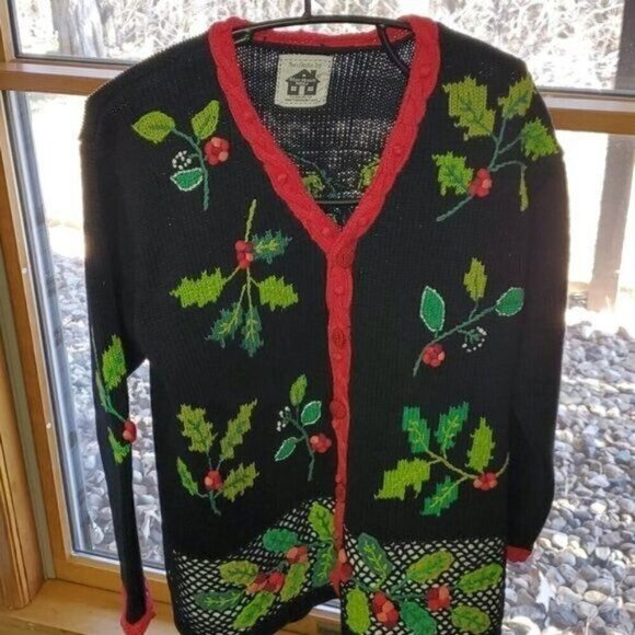 Storybook Knits Vintage Embroidered Hand Knitted Holiday Holly Sz. M Cardigan - Picture 2 of 7